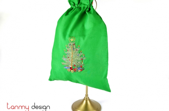 Túi quà Noel xanh thêu tay cỡ lớn-thêu cây thông và hộp quà